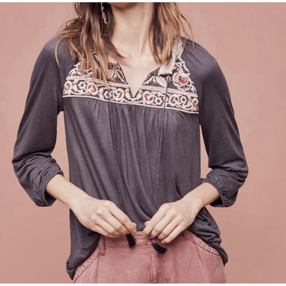 One September by Anthropologie Nightingale Embroidered Boho Top Gray  |XS | NWT